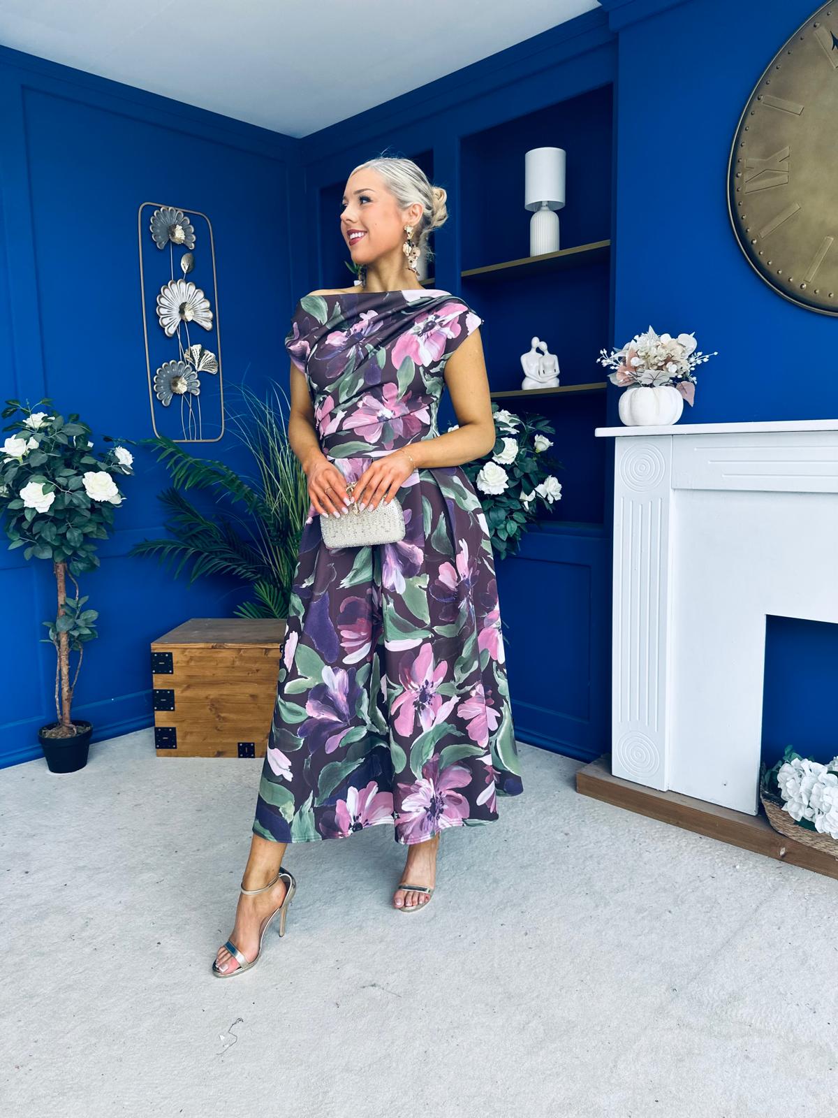 Breffy Asymmetric Neckline Skater Midi Floral Vintage Berry