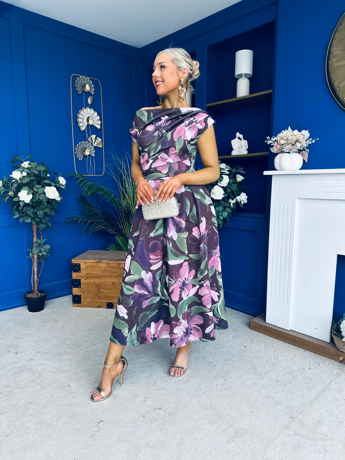 Breffy Asymmetric Neckline Skater Midi Floral Vintage Berry