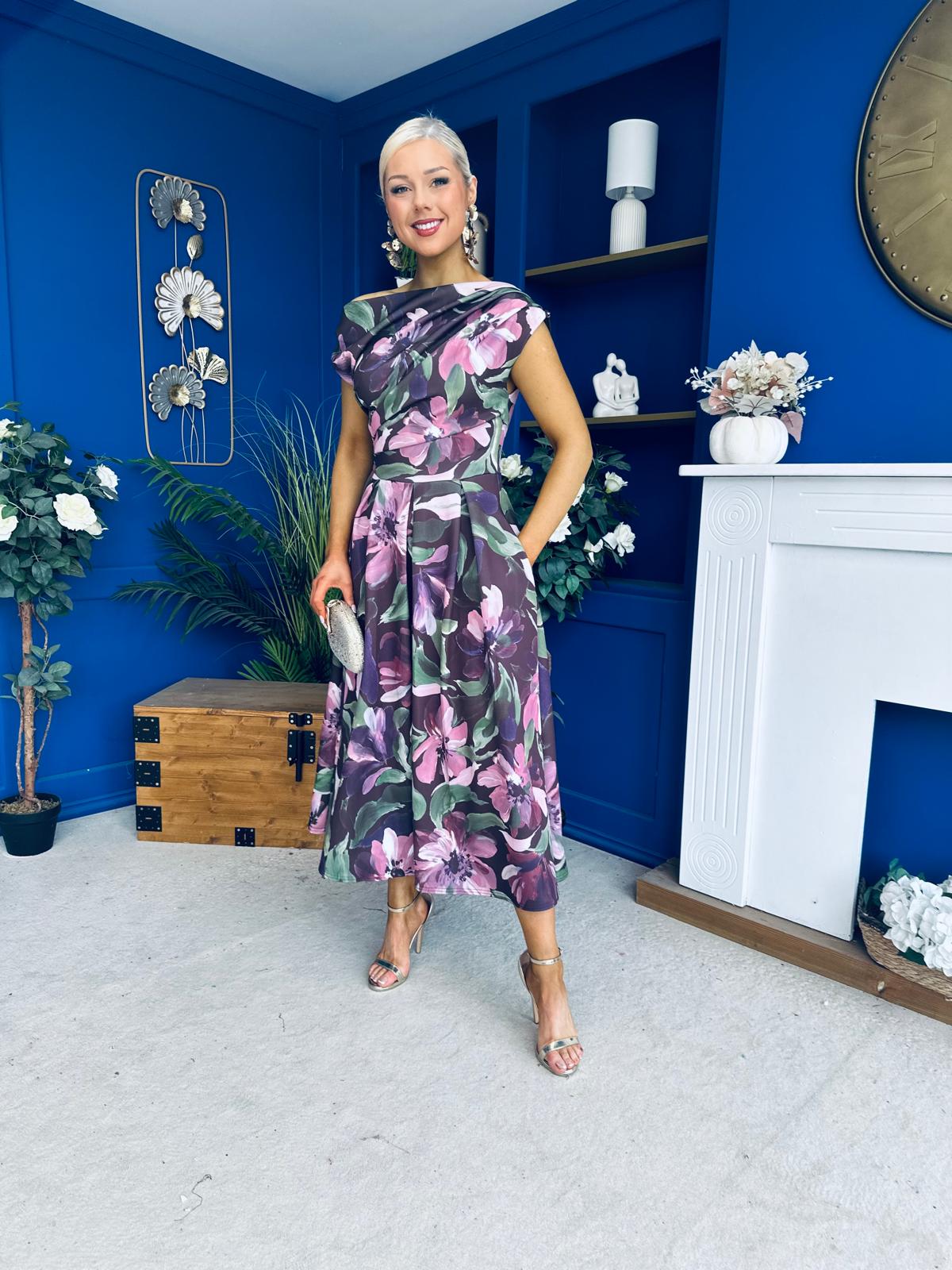 Breffy Asymmetric Neckline Skater Midi Floral Vintage Berry