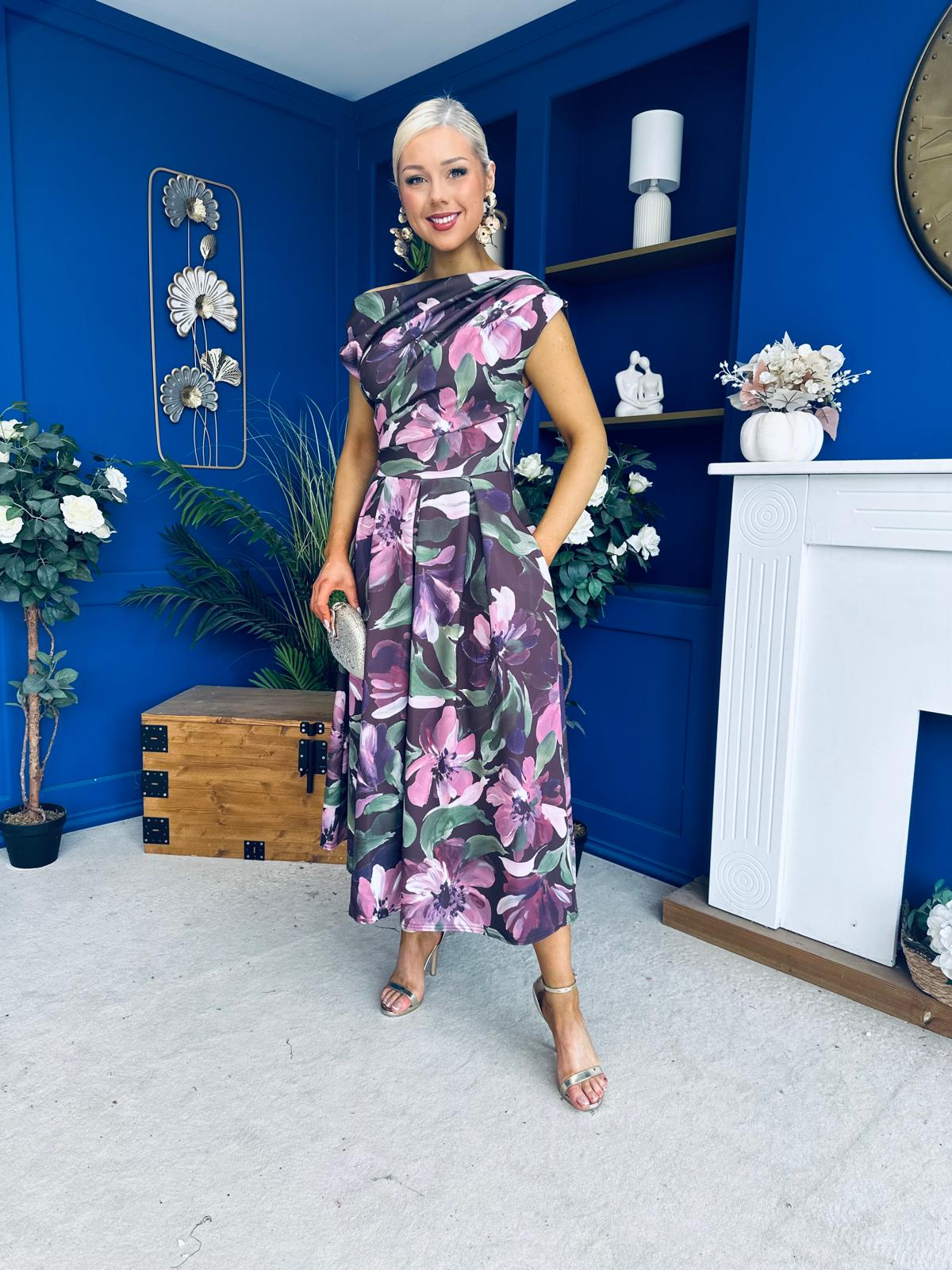 Breffy Asymmetric Neckline Skater Midi Floral Vintage Berry