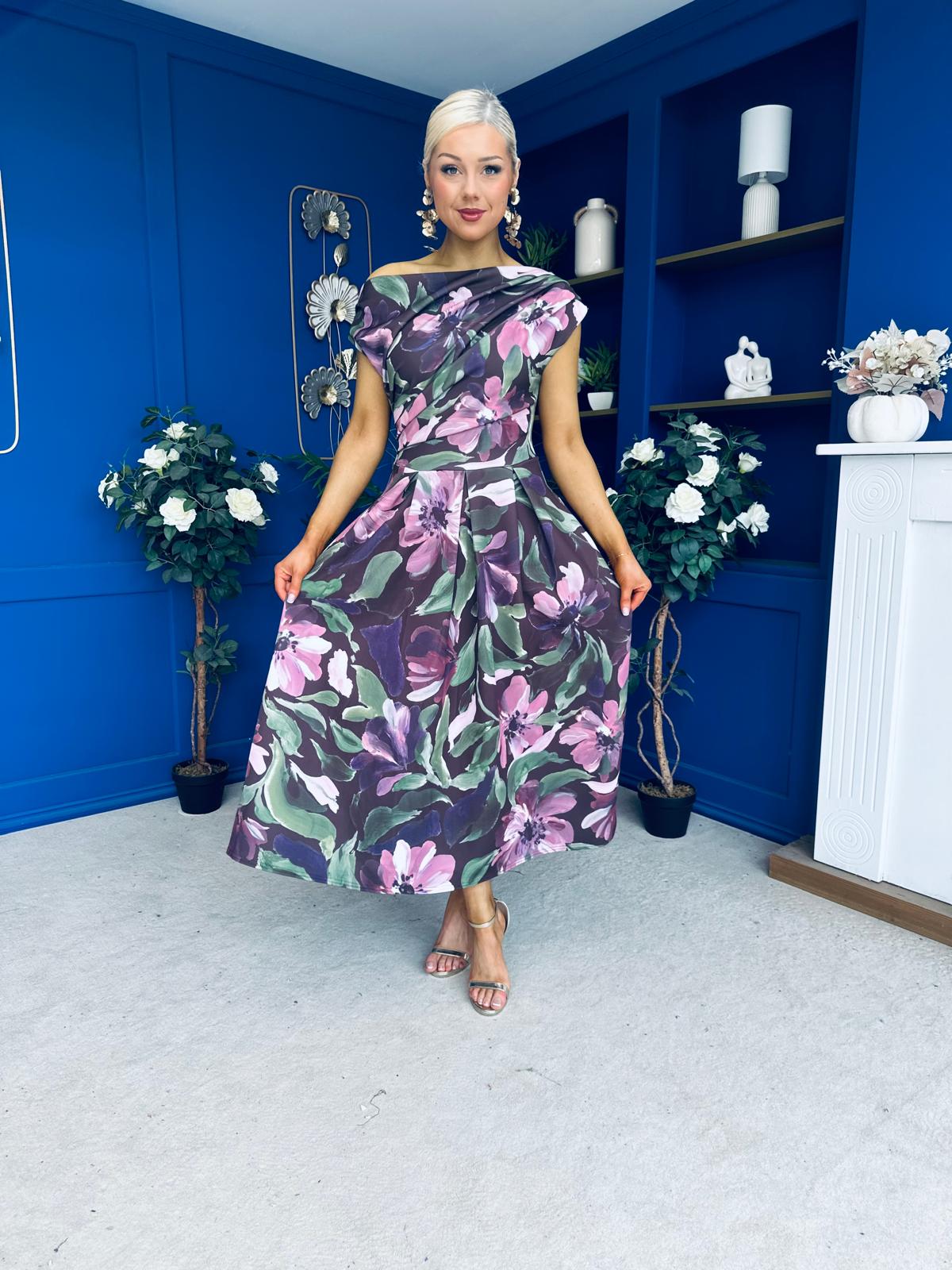 Breffy Asymmetric Neckline Skater Midi Floral Vintage Berry