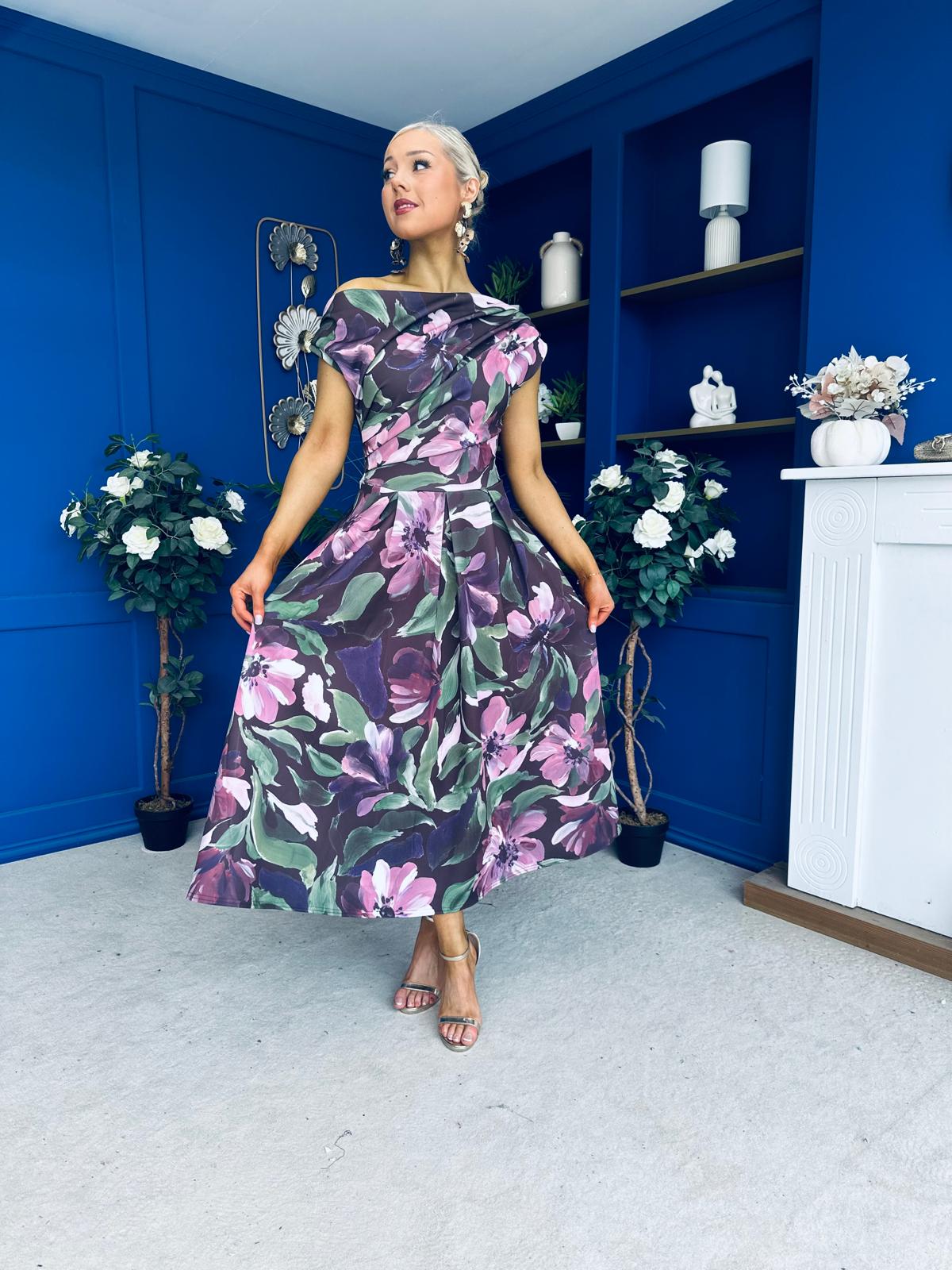 Breffy Asymmetric Neckline Skater Midi Floral Vintage Berry