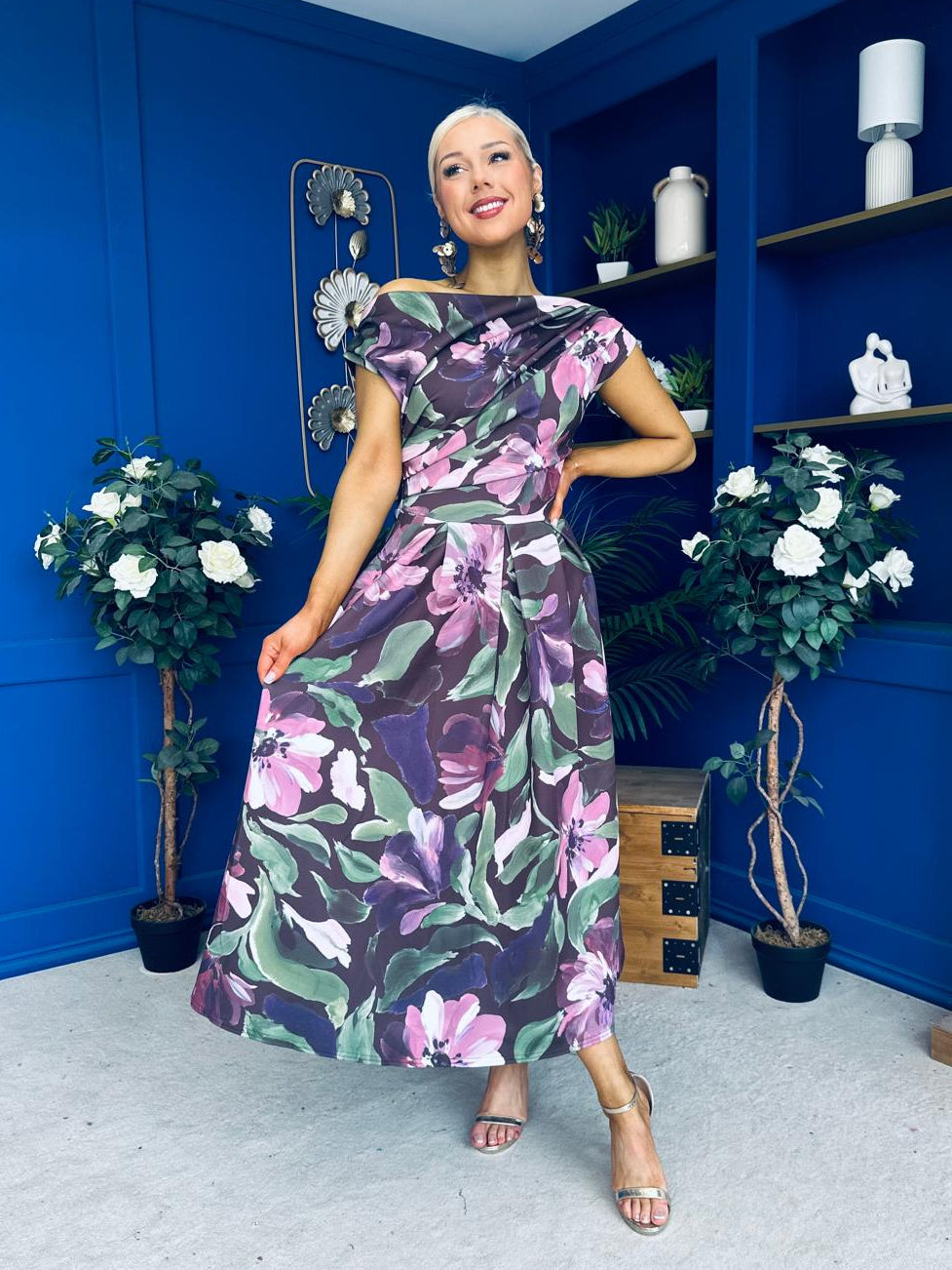 Breffy Asymmetric Neckline Skater Midi Floral Vintage Berry