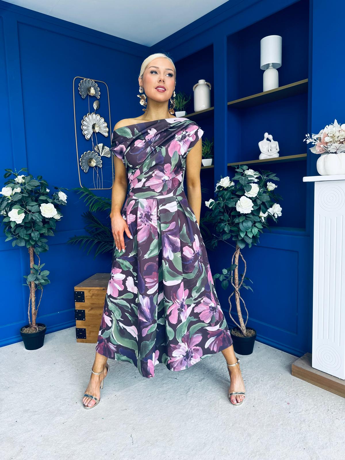 Breffy Asymmetric Neckline Skater Midi Floral Vintage Berry
