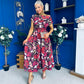 Breffy Asymmetric Neckline Skater Midi Floral Cranberry