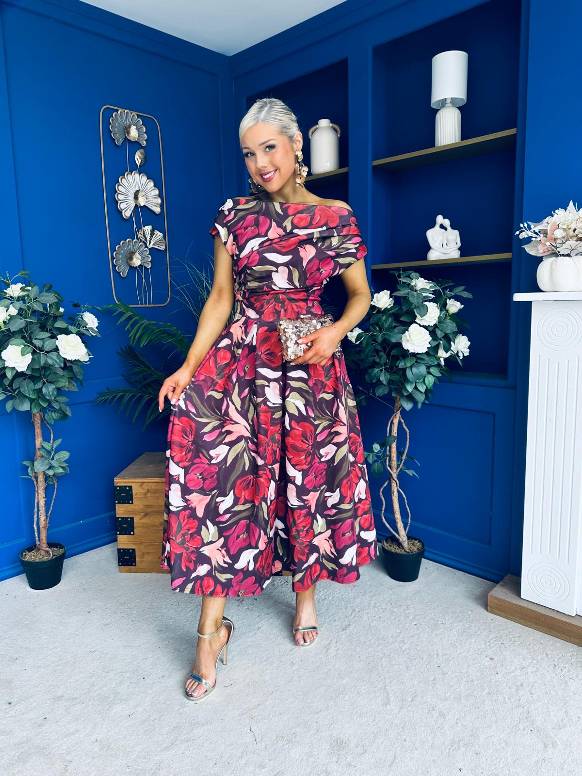Breffy Asymmetric Neckline Skater Midi Floral Cranberry