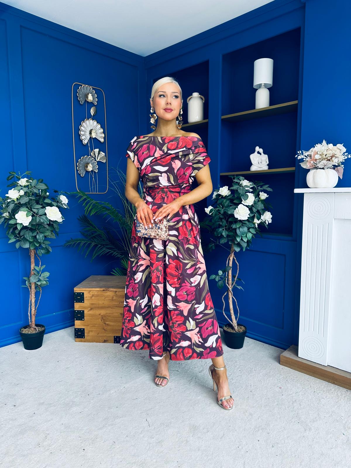 Breffy Asymmetric Neckline Skater Midi Floral Cranberry