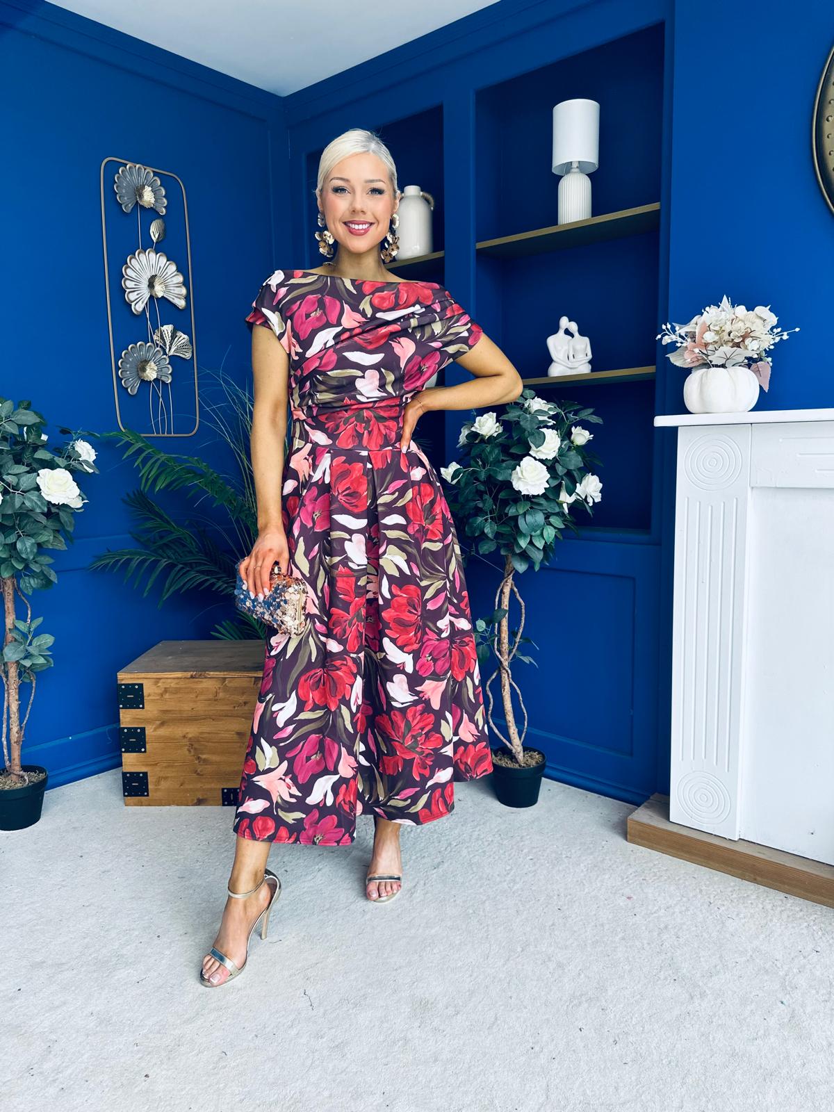 Breffy Asymmetric Neckline Skater Midi Floral Cranberry