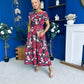 Breffy Asymmetric Neckline Skater Midi Floral Cranberry