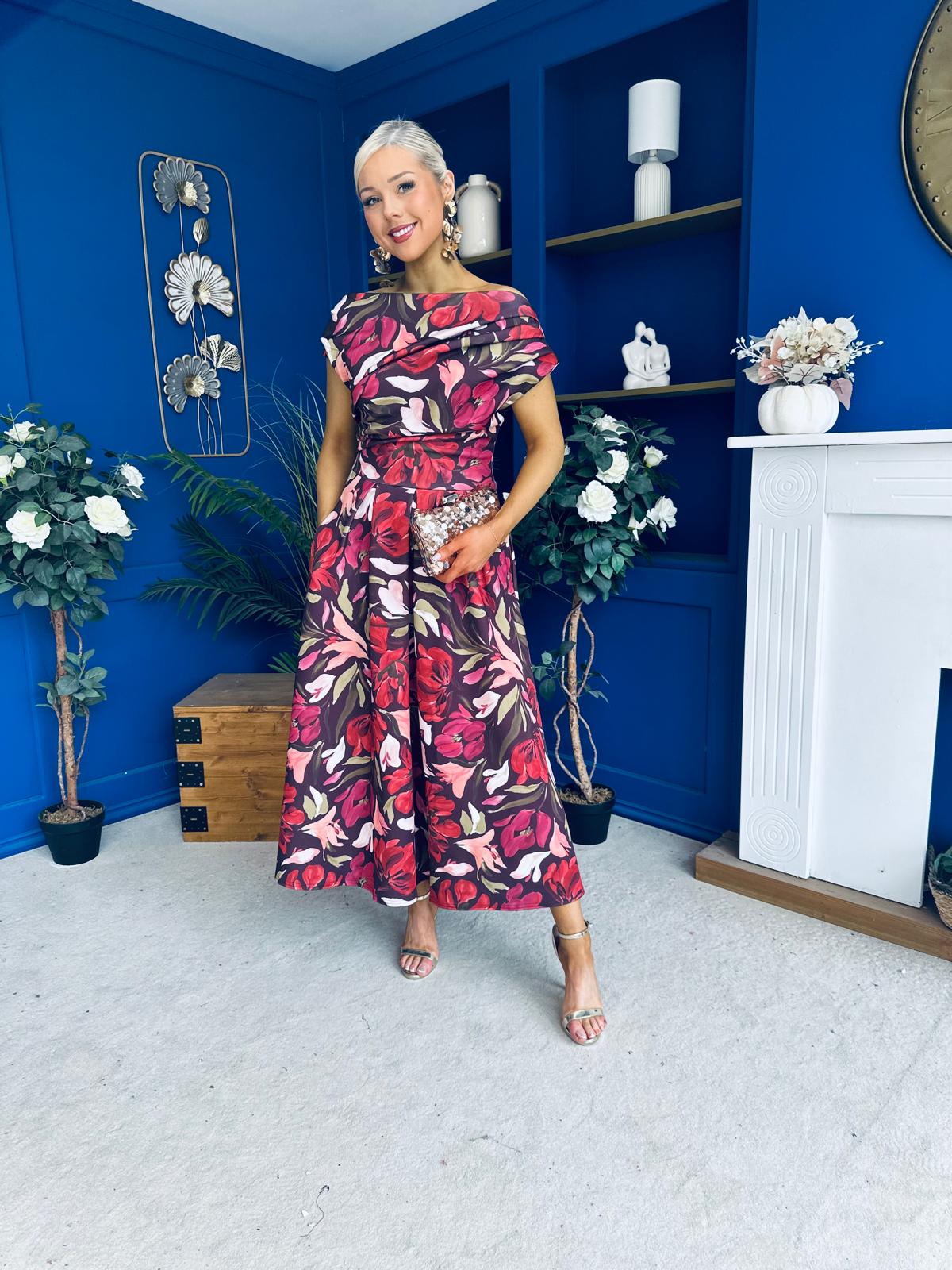 Breffy Asymmetric Neckline Skater Midi Floral Cranberry
