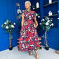 Breffy Asymmetric Neckline Skater Midi Floral Cranberry