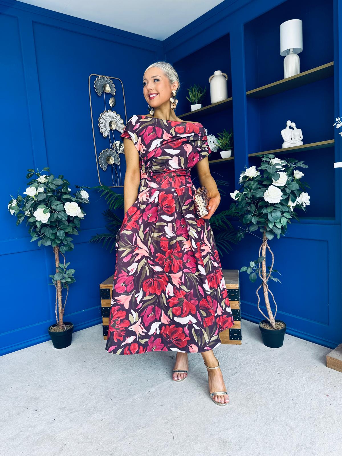 Breffy Asymmetric Neckline Skater Midi Floral Cranberry