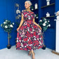 Breffy Asymmetric Neckline Skater Midi Floral Cranberry