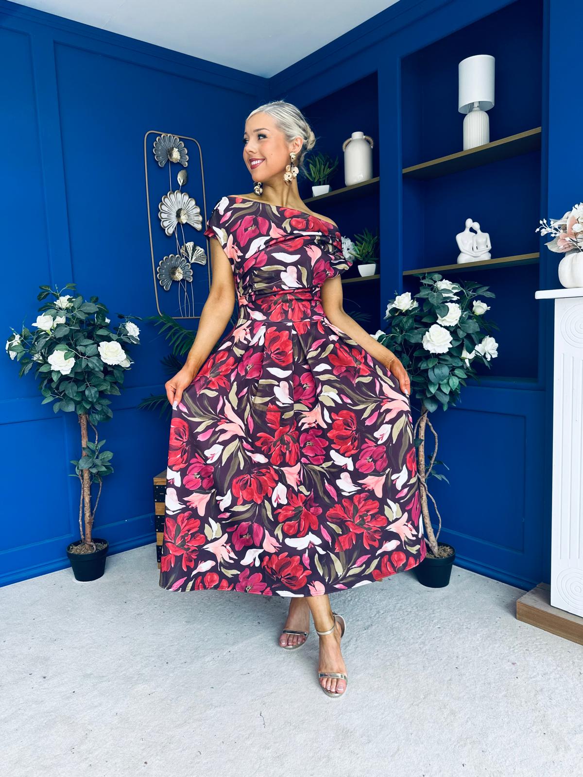 Breffy Asymmetric Neckline Skater Midi Floral Cranberry