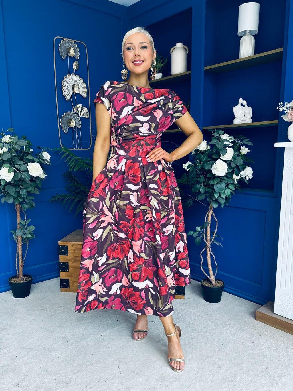 Breffy Asymmetric Neckline Skater Midi Floral Cranberry