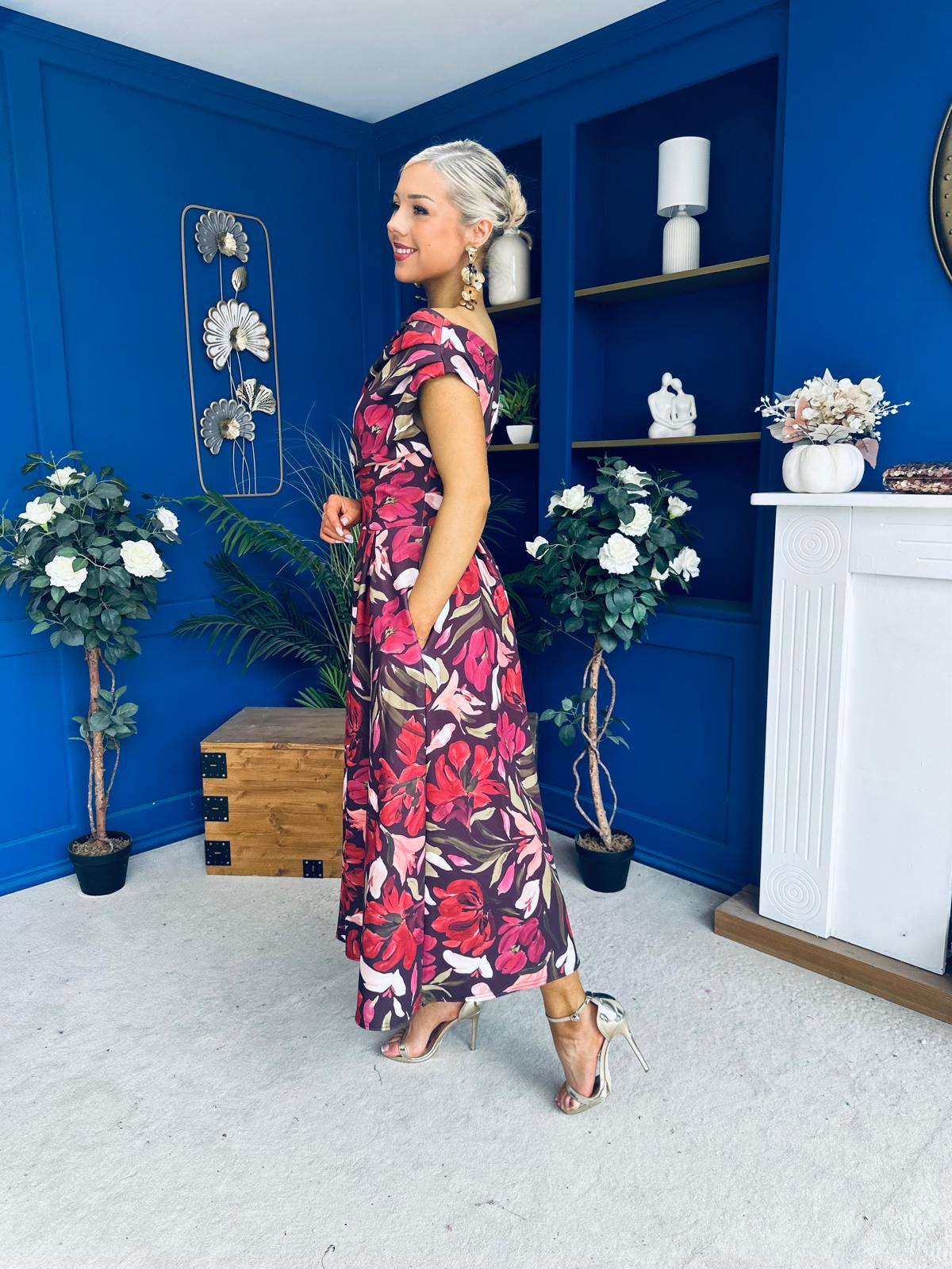 Breffy Asymmetric Neckline Skater Midi Floral Cranberry