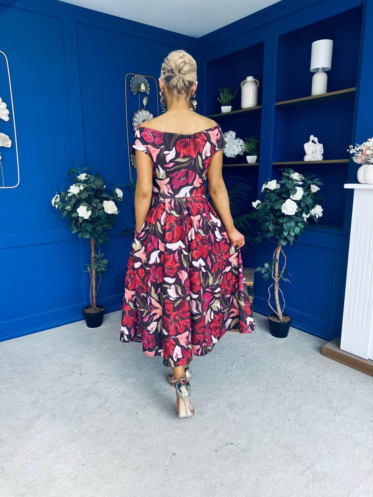 Breffy Asymmetric Neckline Skater Midi Floral Cranberry