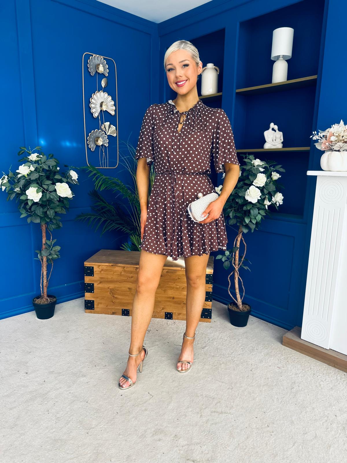 Danielle Detailed Mini Dress Polka Coffee
