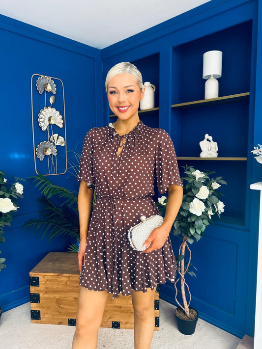 Danielle Detailed Mini Dress Polka Coffee