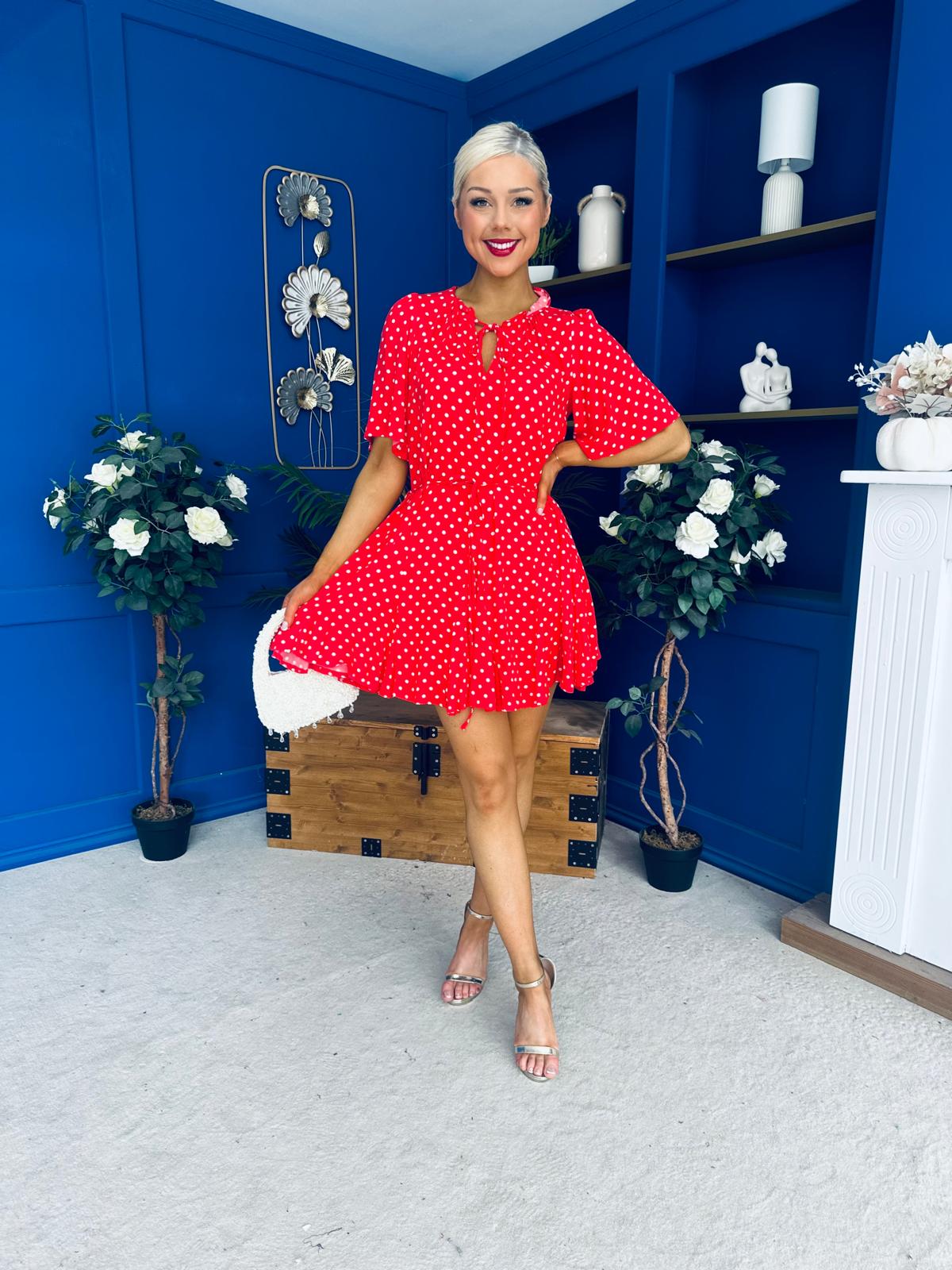 Danielle Detailed Mini Dress Polka Red