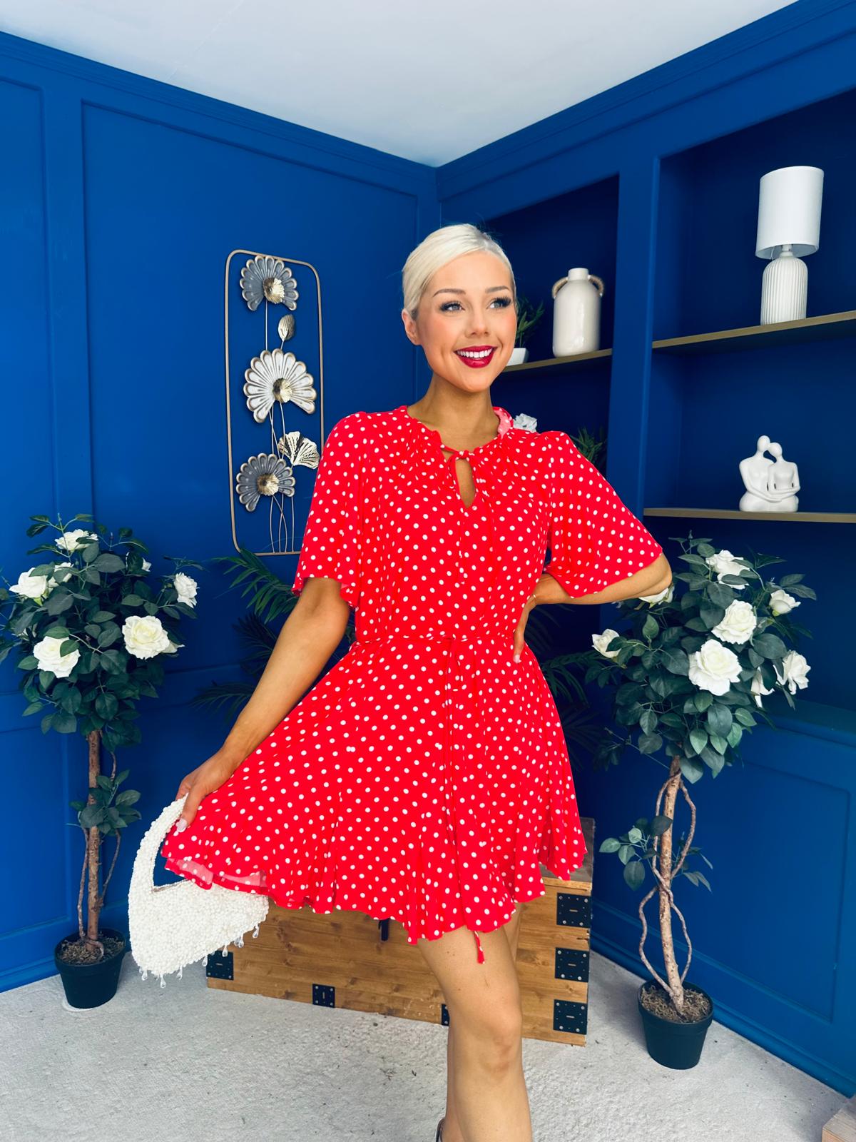 Danielle Detailed Mini Dress Polka Red