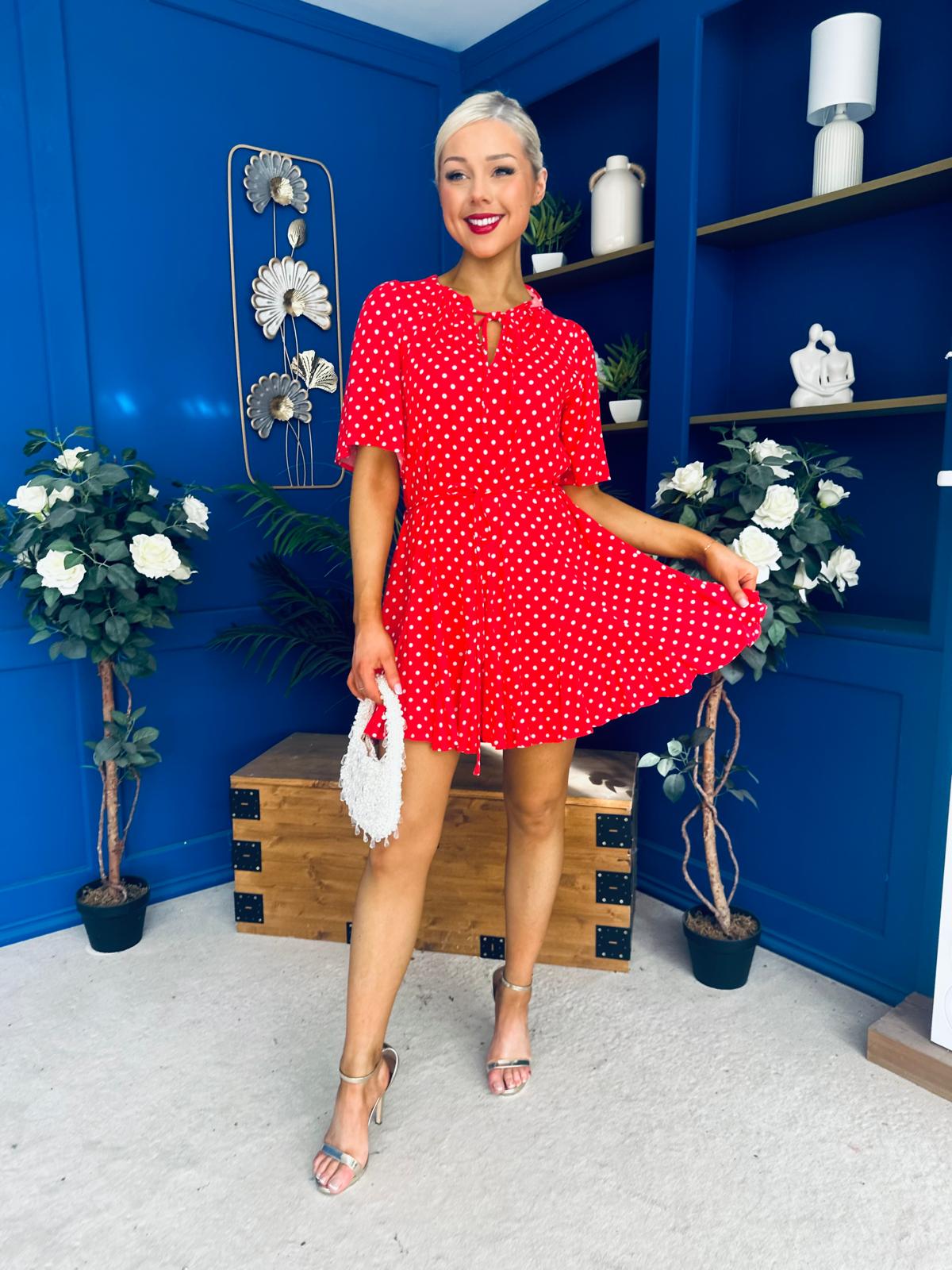 Danielle Detailed Mini Dress Polka Red