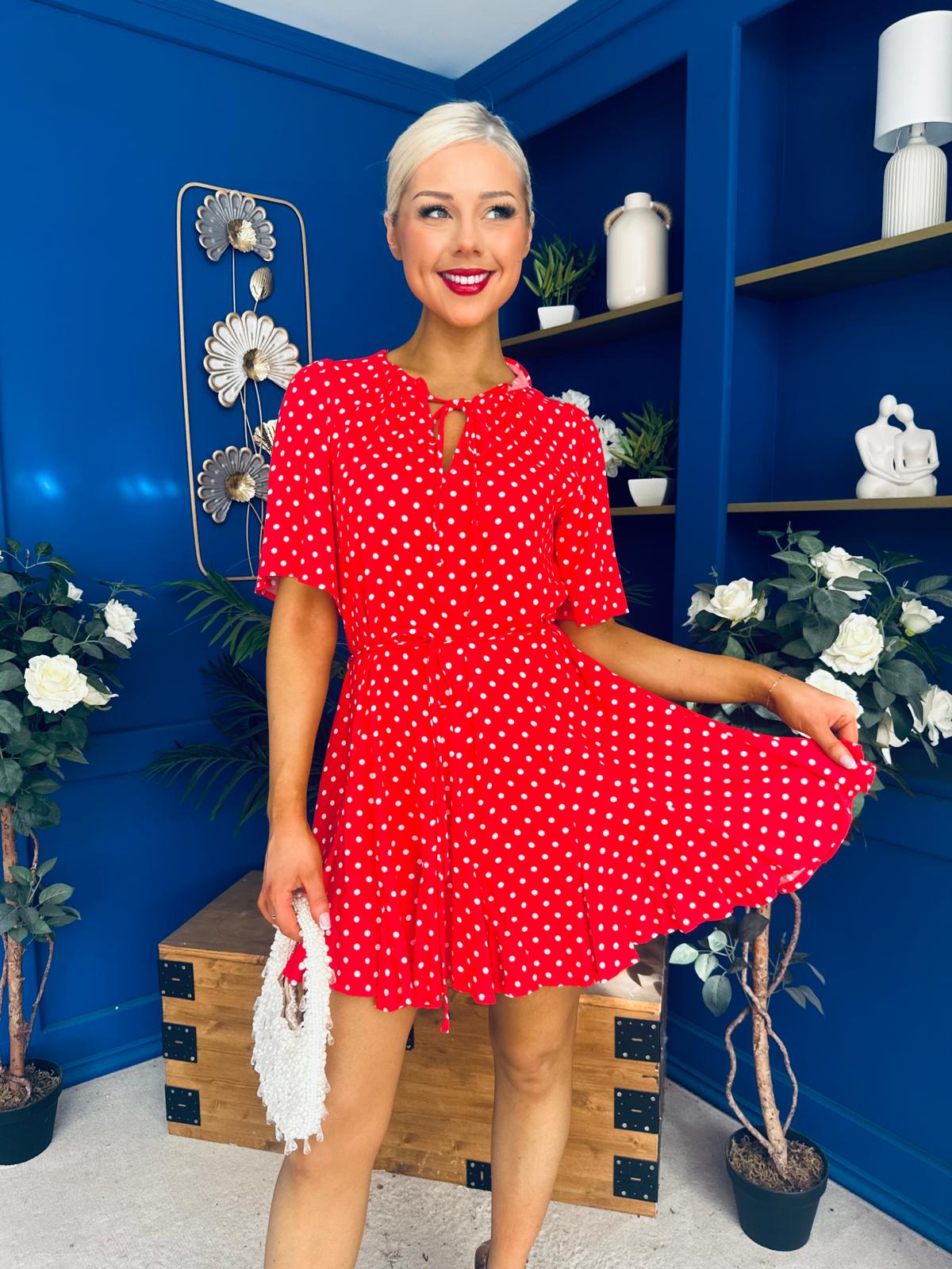 Danielle Detailed Mini Dress Polka Red