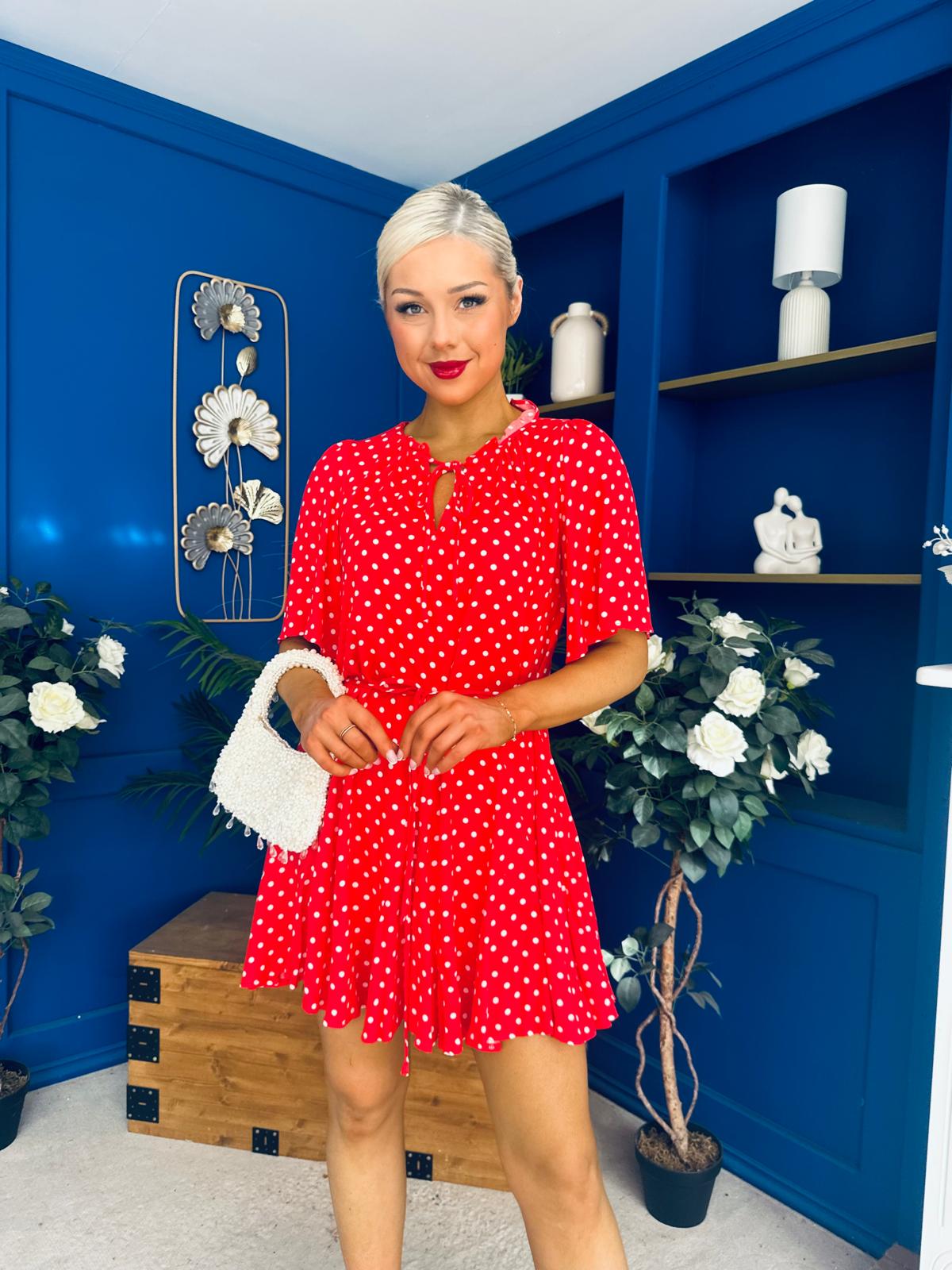 Danielle Detailed Mini Dress Polka Red