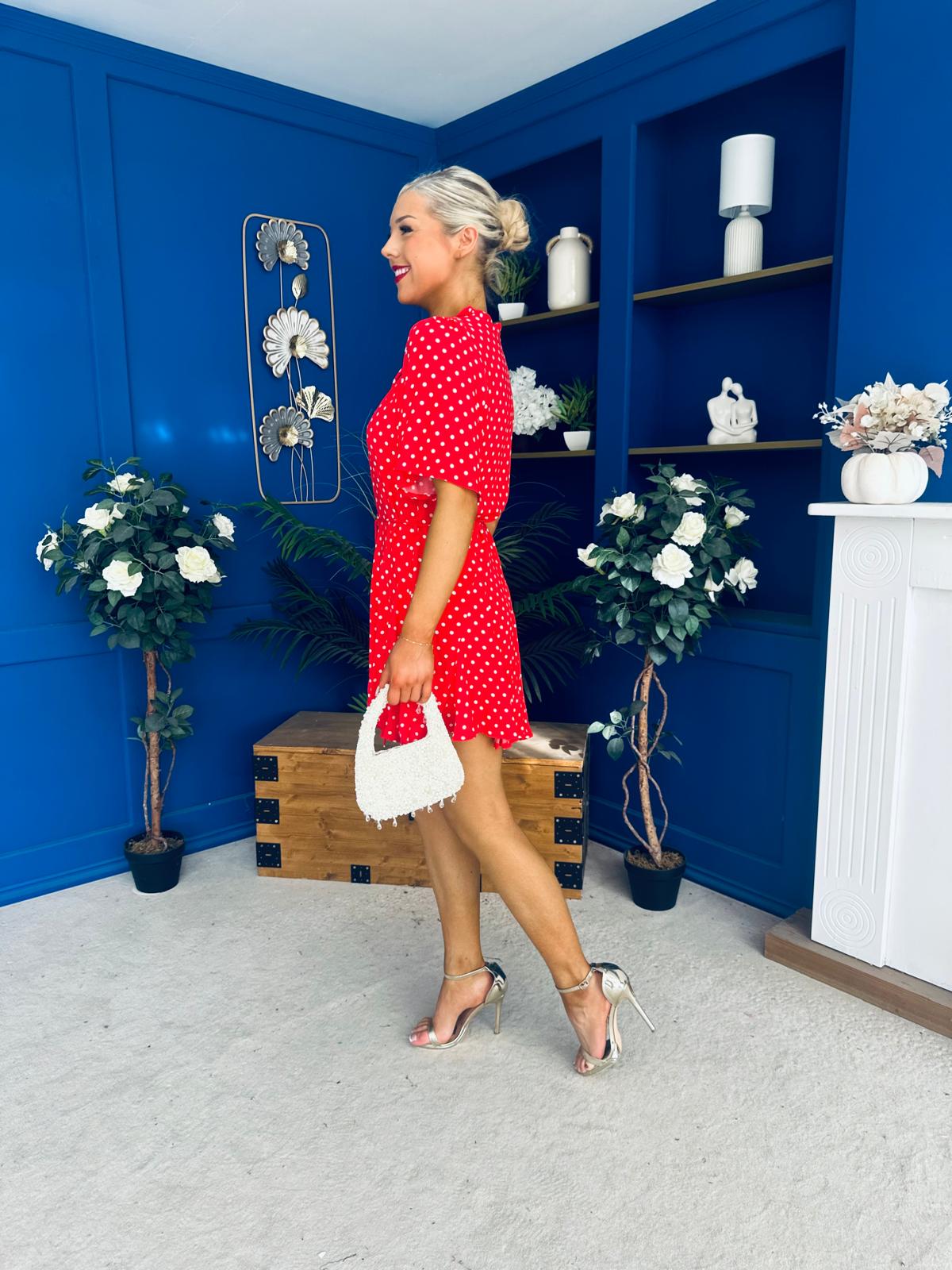 Danielle Detailed Mini Dress Polka Red