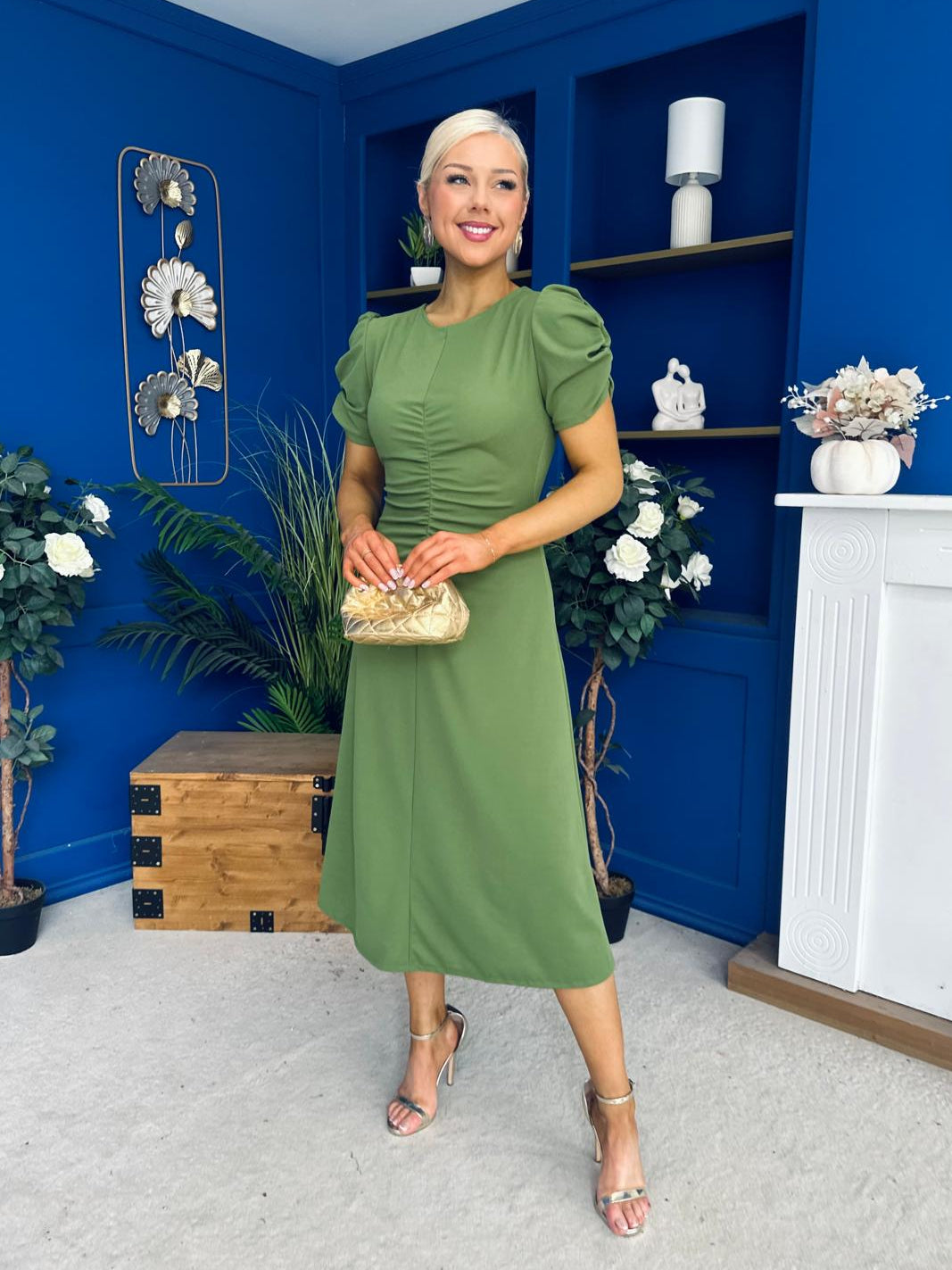 Chloe Gathered Detail Midi Dress Green