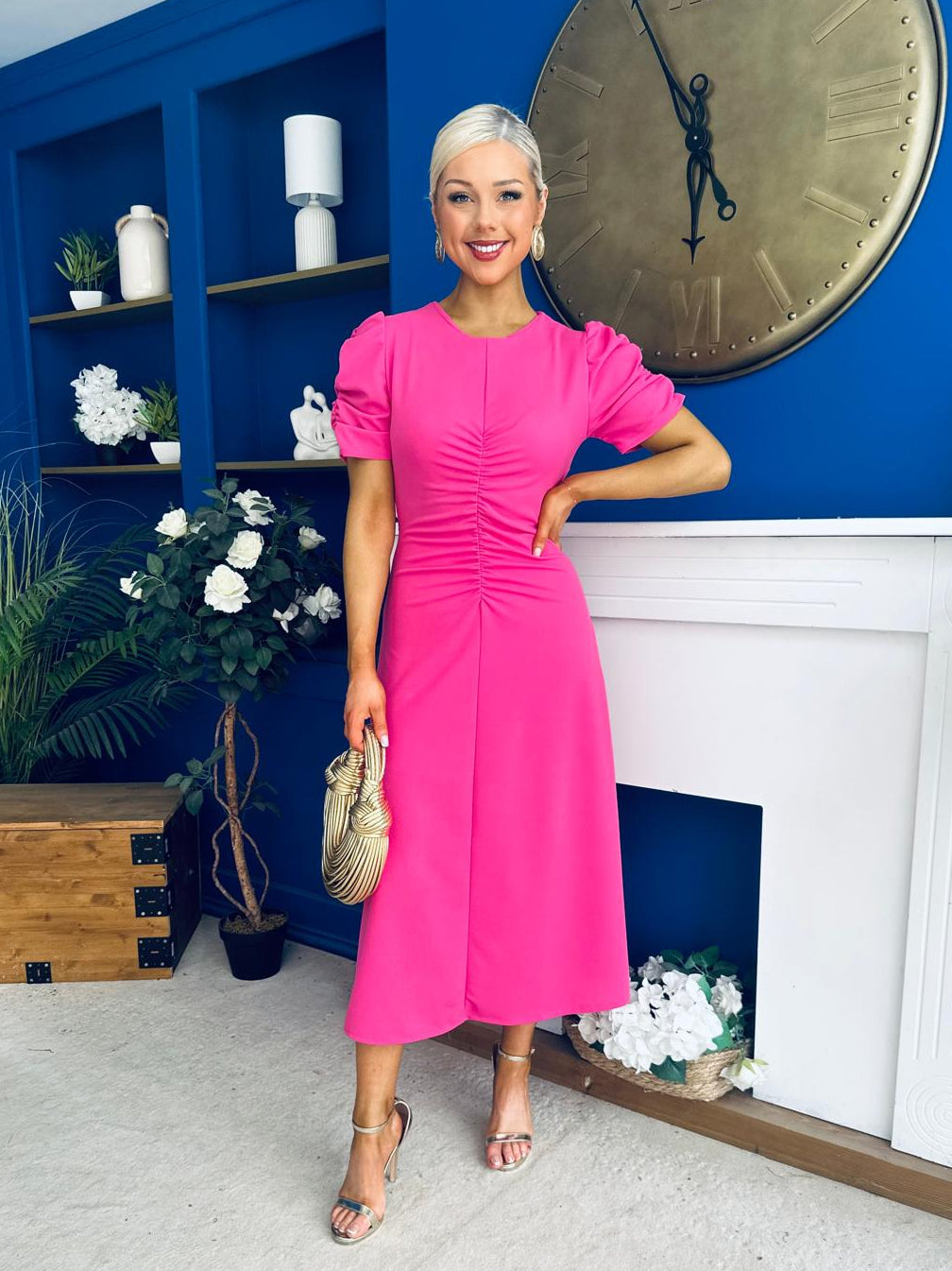 Chloe Gathered Detail Midi Dress Pink