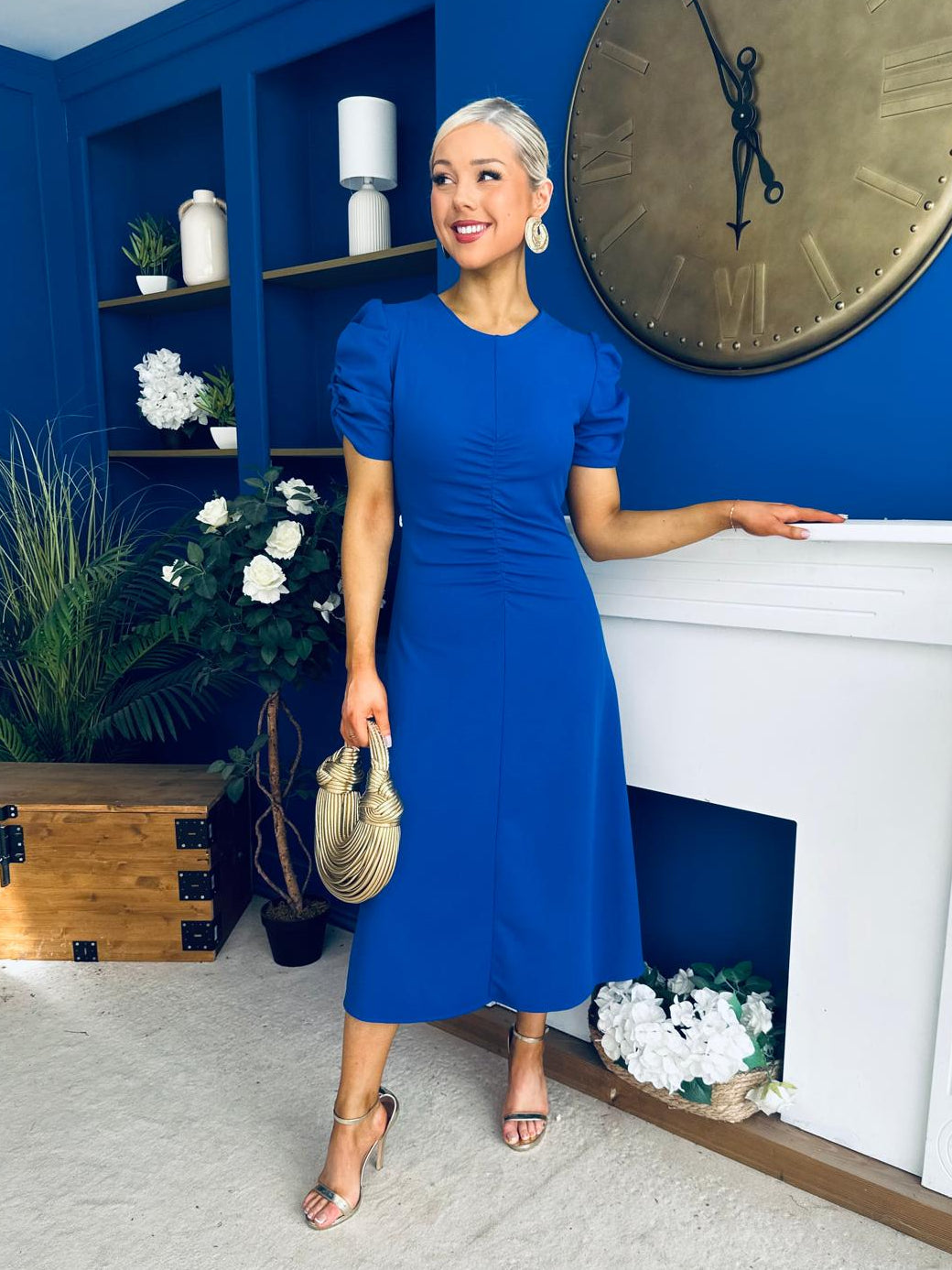 Chloe Gathered Detail Midi Dress Cobalt
