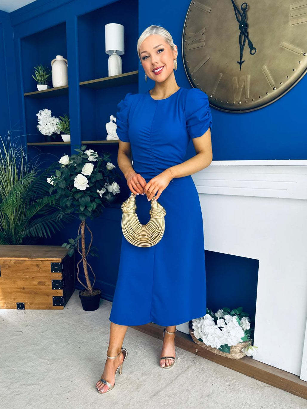 Chloe Gathered Detail Midi Dress Cobalt