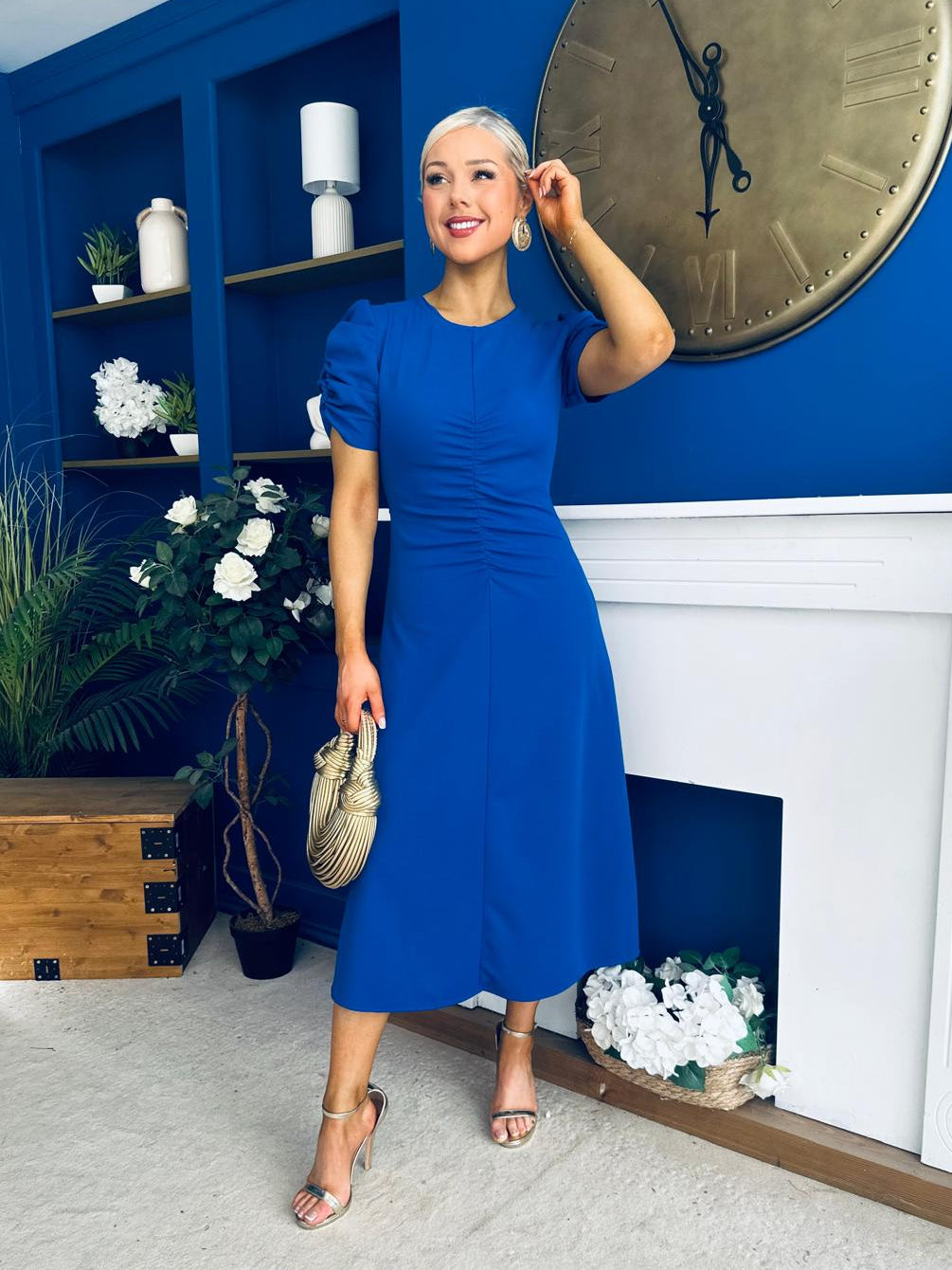 Chloe Gathered Detail Midi Dress Cobalt
