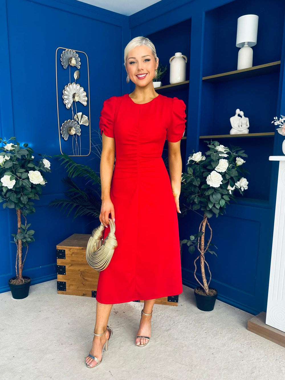 Chloe Gathered Detail Midi Dress Red