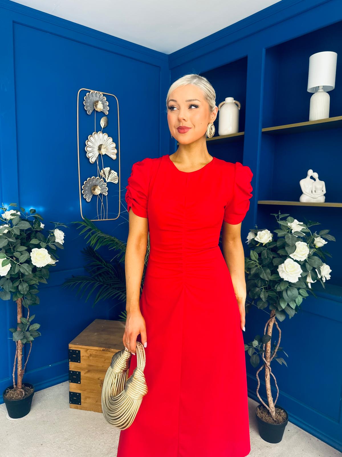 Chloe Gathered Detail Midi Dress Red