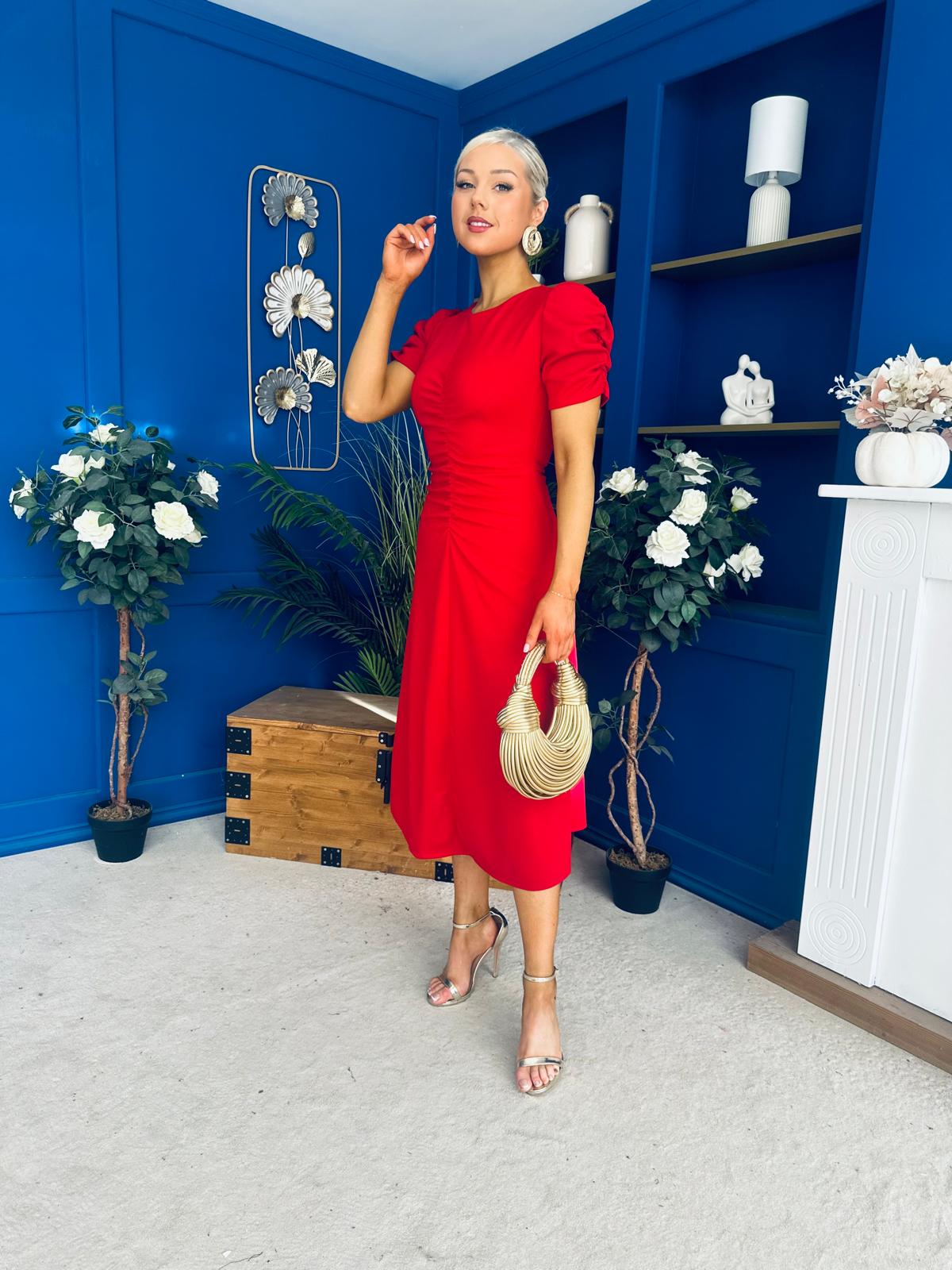 Chloe Gathered Detail Midi Dress Red