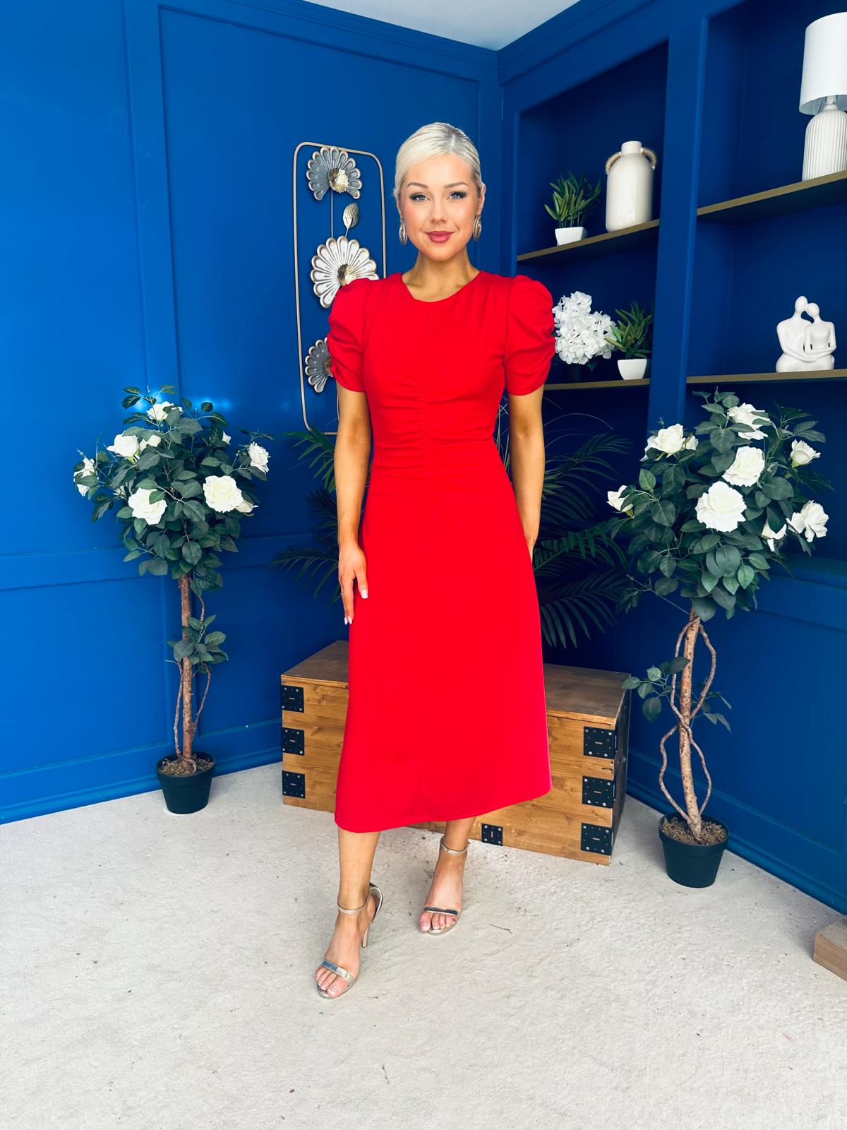 Chloe Gathered Detail Midi Dress Red