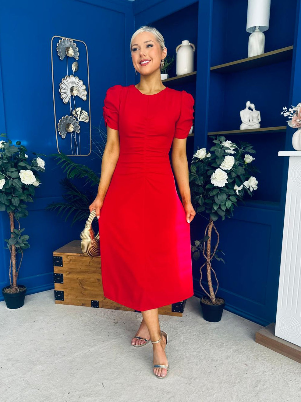Chloe Gathered Detail Midi Dress Red