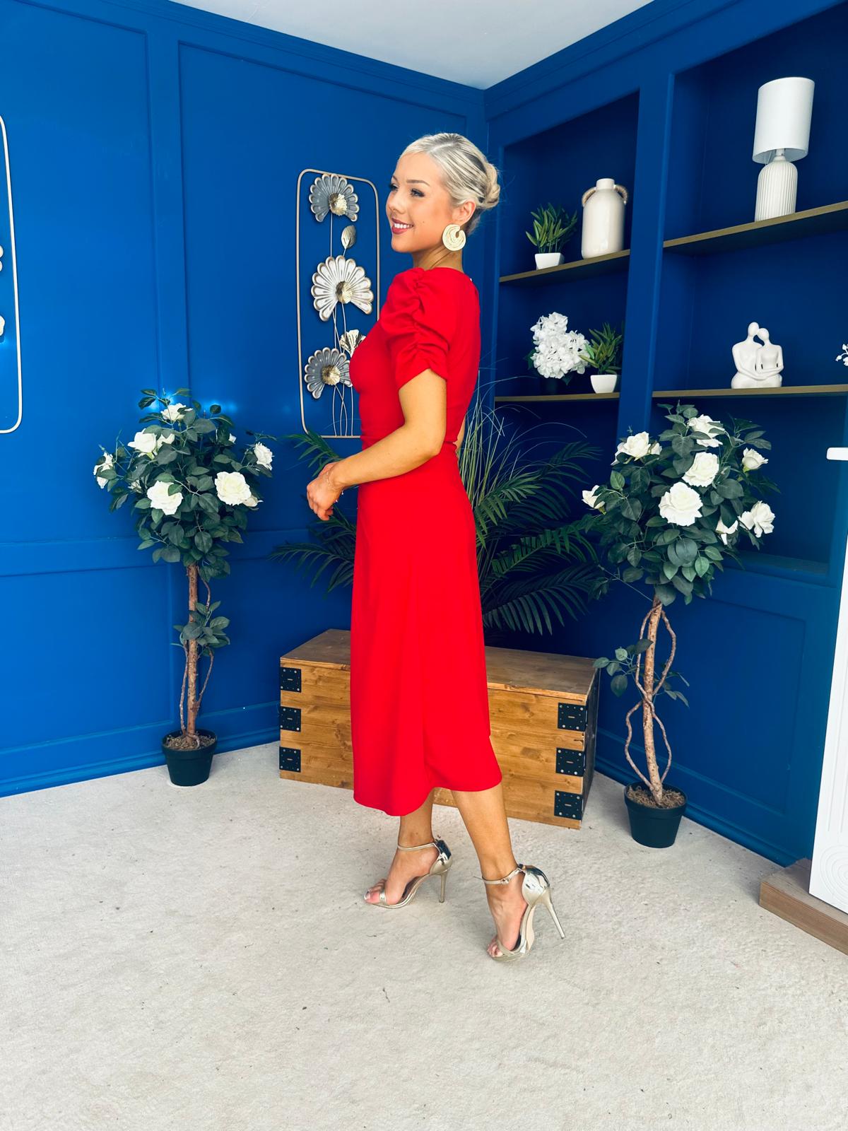Chloe Gathered Detail Midi Dress Red