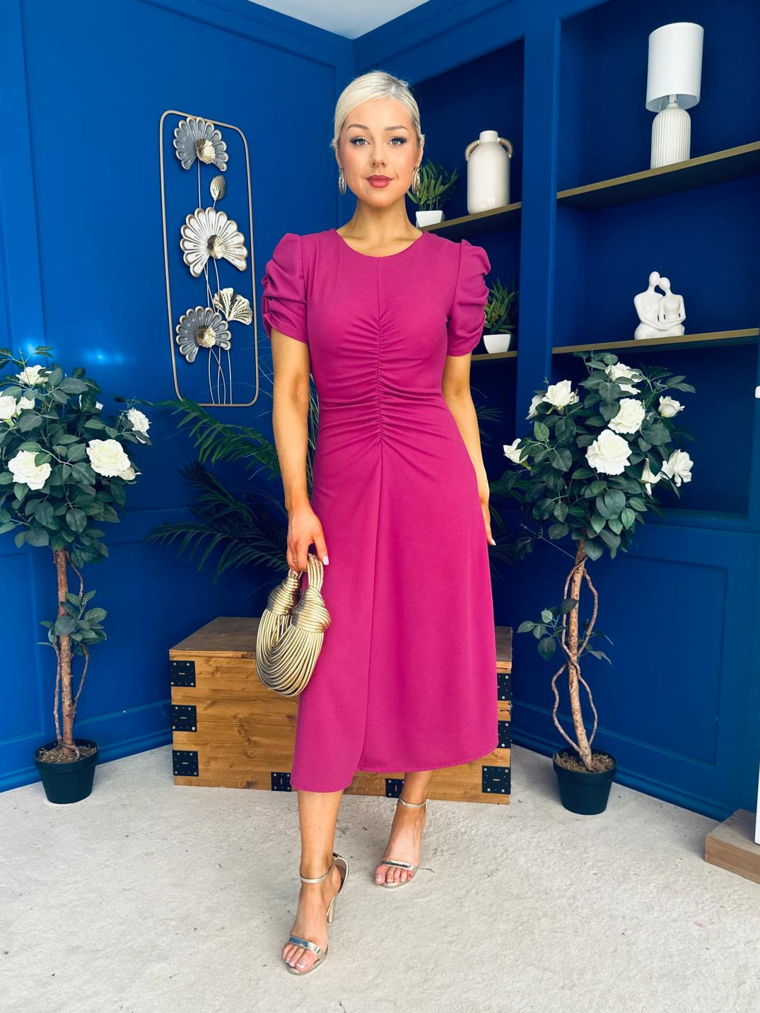 Chloe Gathered Detail Midi Dress Berry
