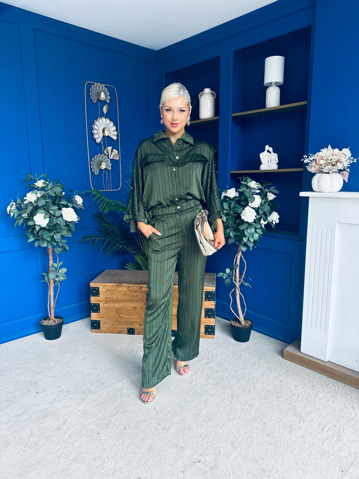Gracie Satin Pinstripe Top & Trouser Set Green
