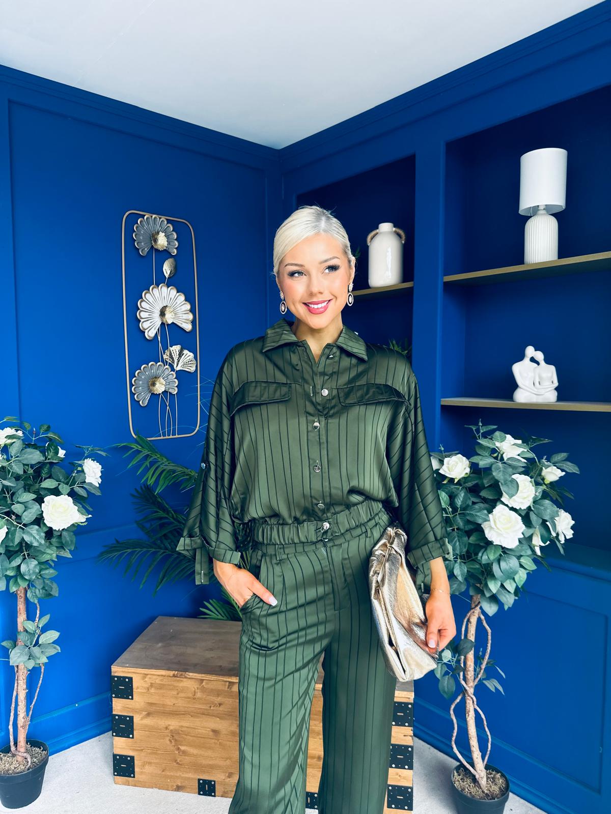Gracie Satin Pinstripe Top & Trouser Set Green