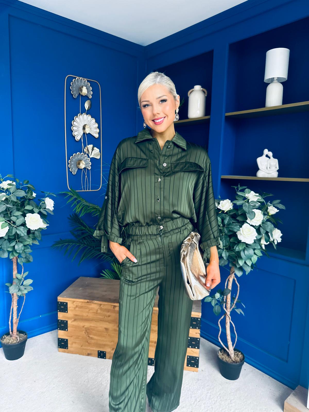 Gracie Satin Pinstripe Top & Trouser Set Green