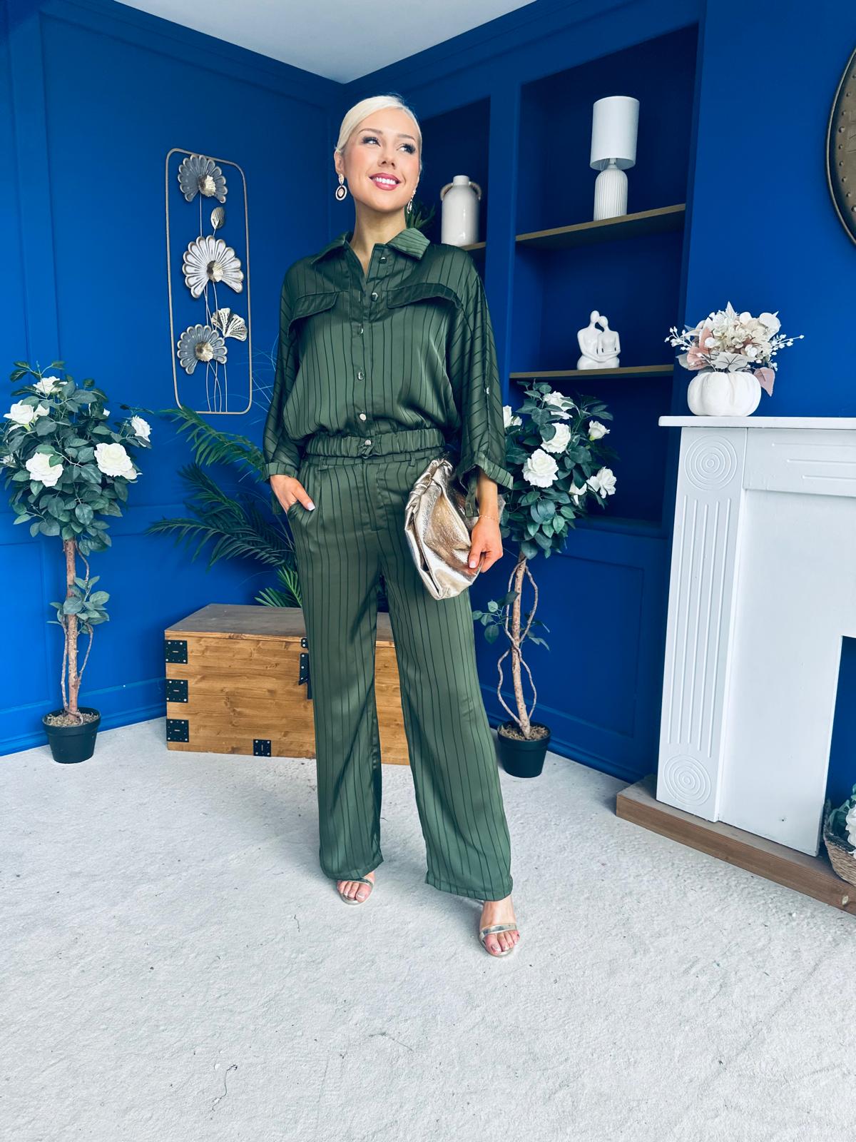 Gracie Satin Pinstripe Top & Trouser Set Green