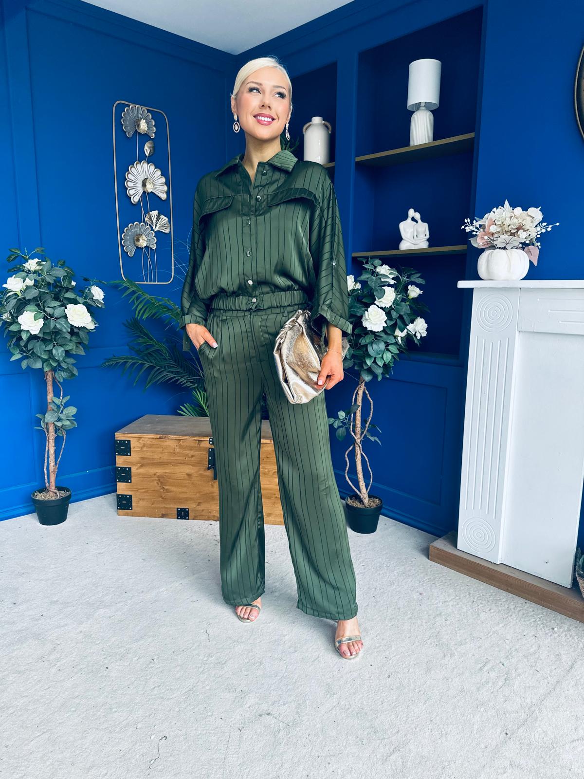 Gracie Satin Pinstripe Top & Trouser Set Green