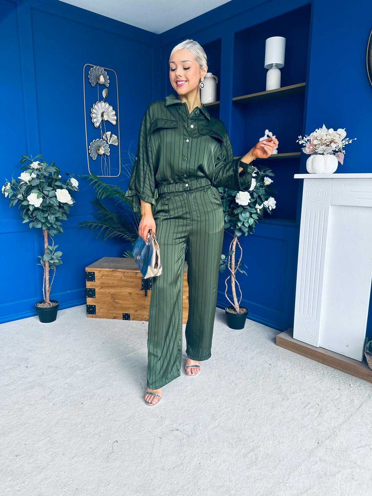 Gracie Satin Pinstripe Top & Trouser Set Green