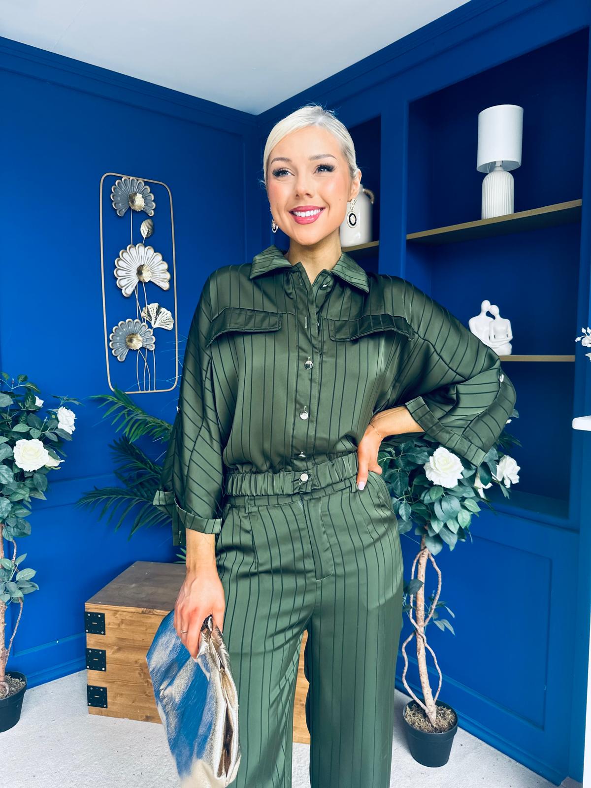 Gracie Satin Pinstripe Top & Trouser Set Green