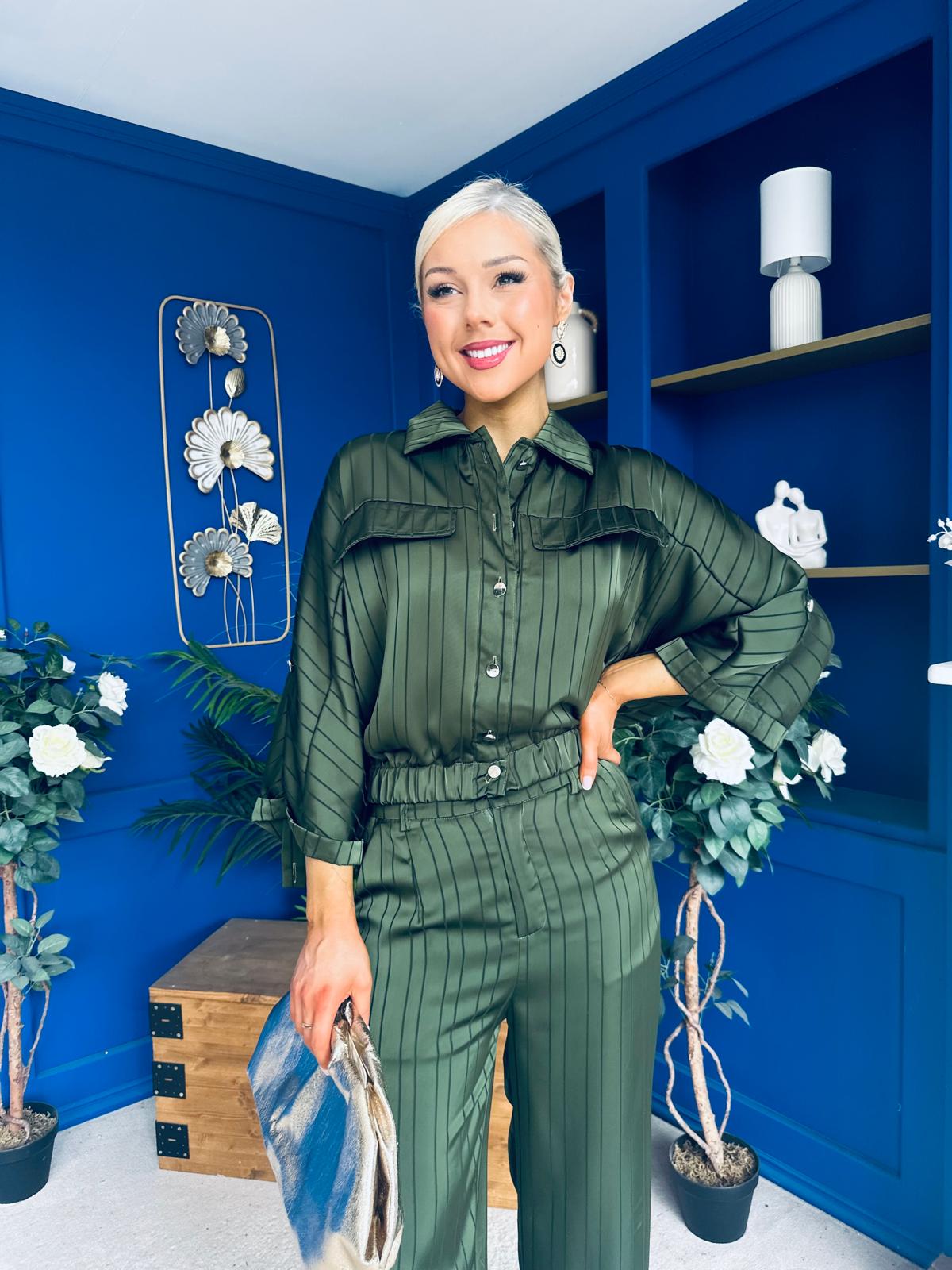 Gracie Satin Pinstripe Top & Trouser Set Green