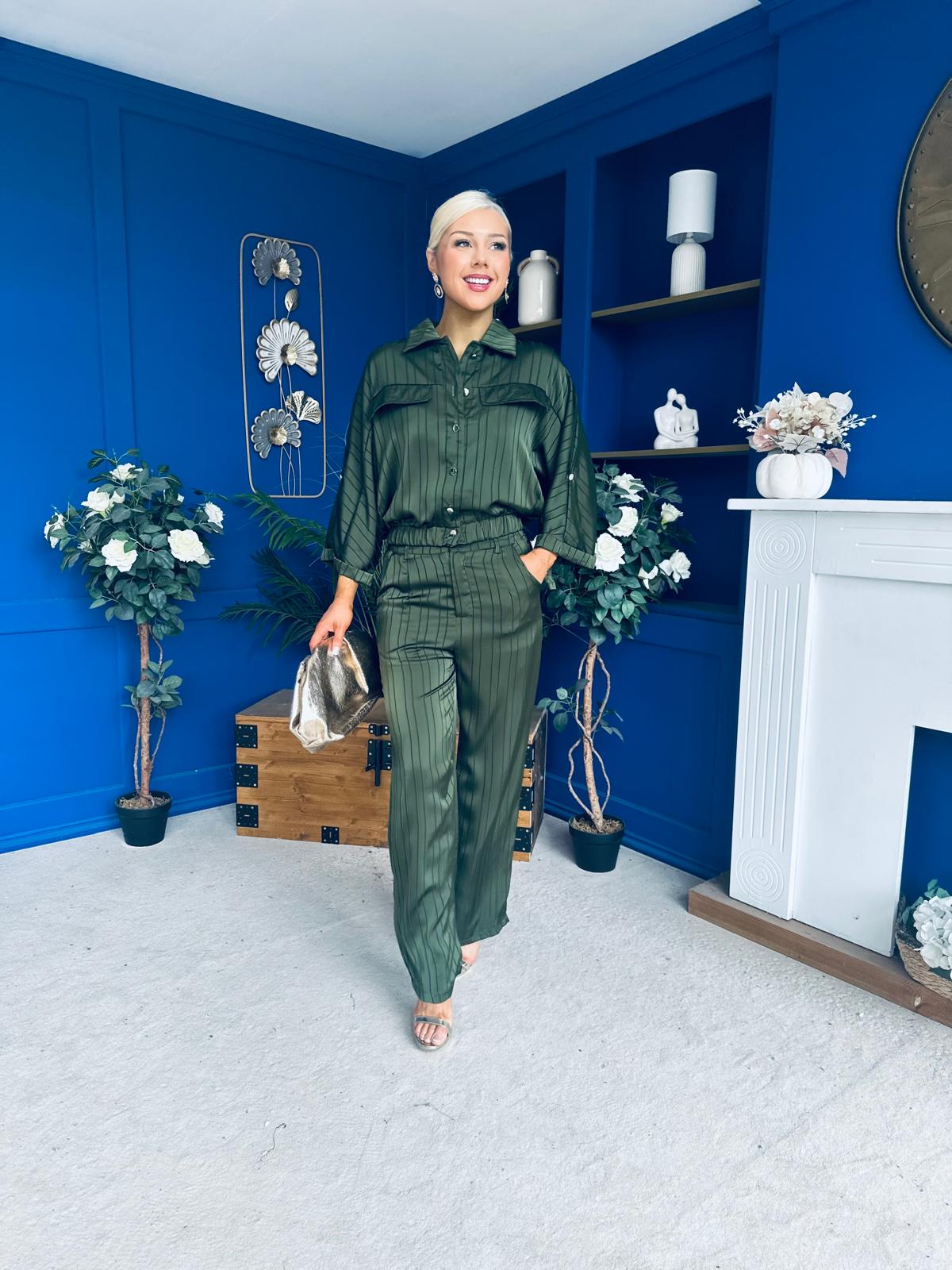 Gracie Satin Pinstripe Top & Trouser Set Green